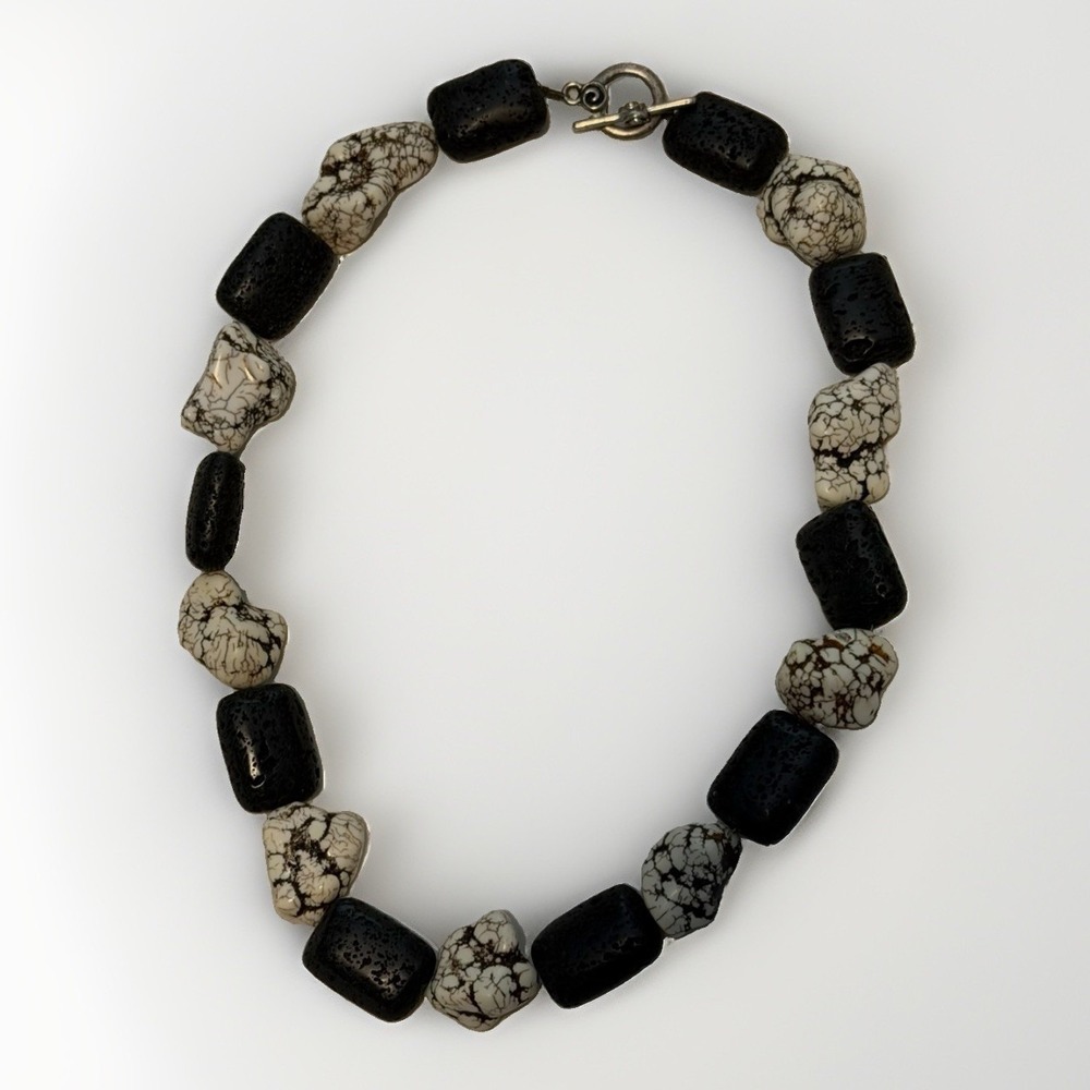 Chunky Black White Lava Style Stone Statement Necklace
